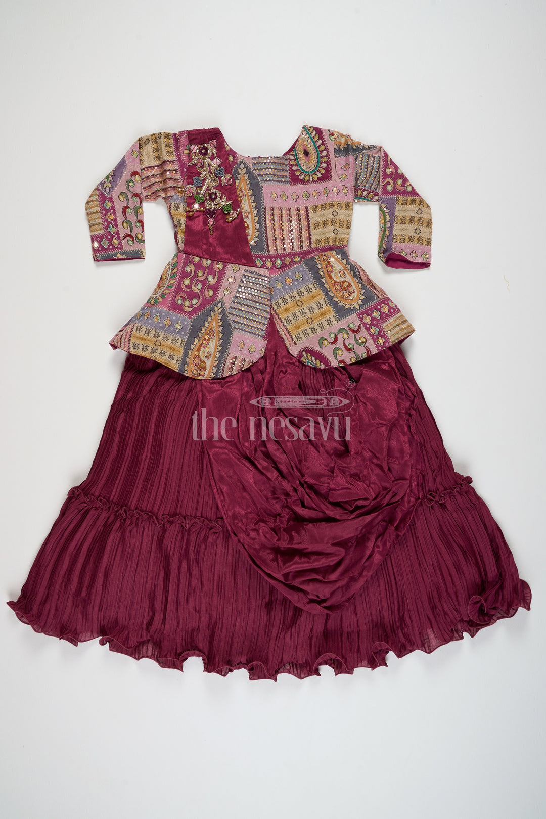 The Nesavu Girls Party Gown Burgundy Girls Party Gown with Patchwork Embellishment and 3/4 Sleeves, Formal & Gown Diwali Dress for Women Nesavu Nesavu Girls Burgundy Party Gown Patchwork Diwali Blended Silk Formal Gown Special Occasions