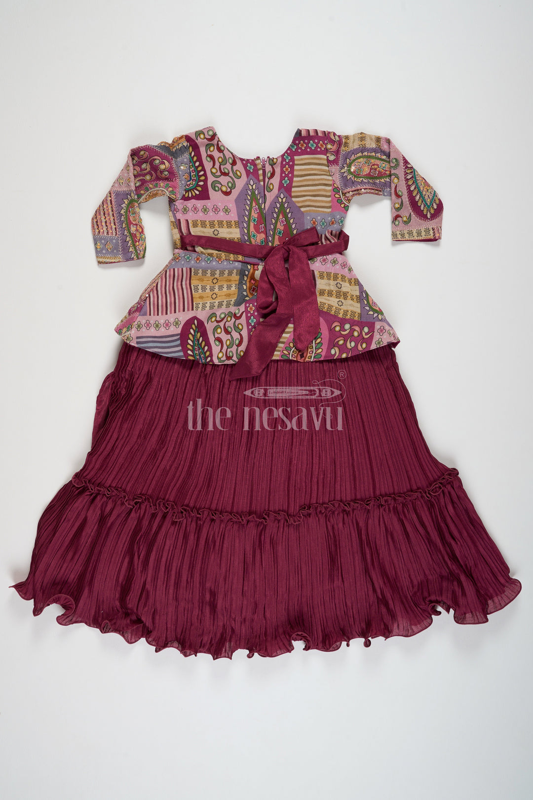 The Nesavu Girls Party Gown Burgundy Girls Party Gown with Patchwork Embellishment and 3/4 Sleeves, Formal & Gown Diwali Dress for Women Nesavu Nesavu Girls Burgundy Party Gown Patchwork Diwali Blended Silk Formal Gown Special Occasions