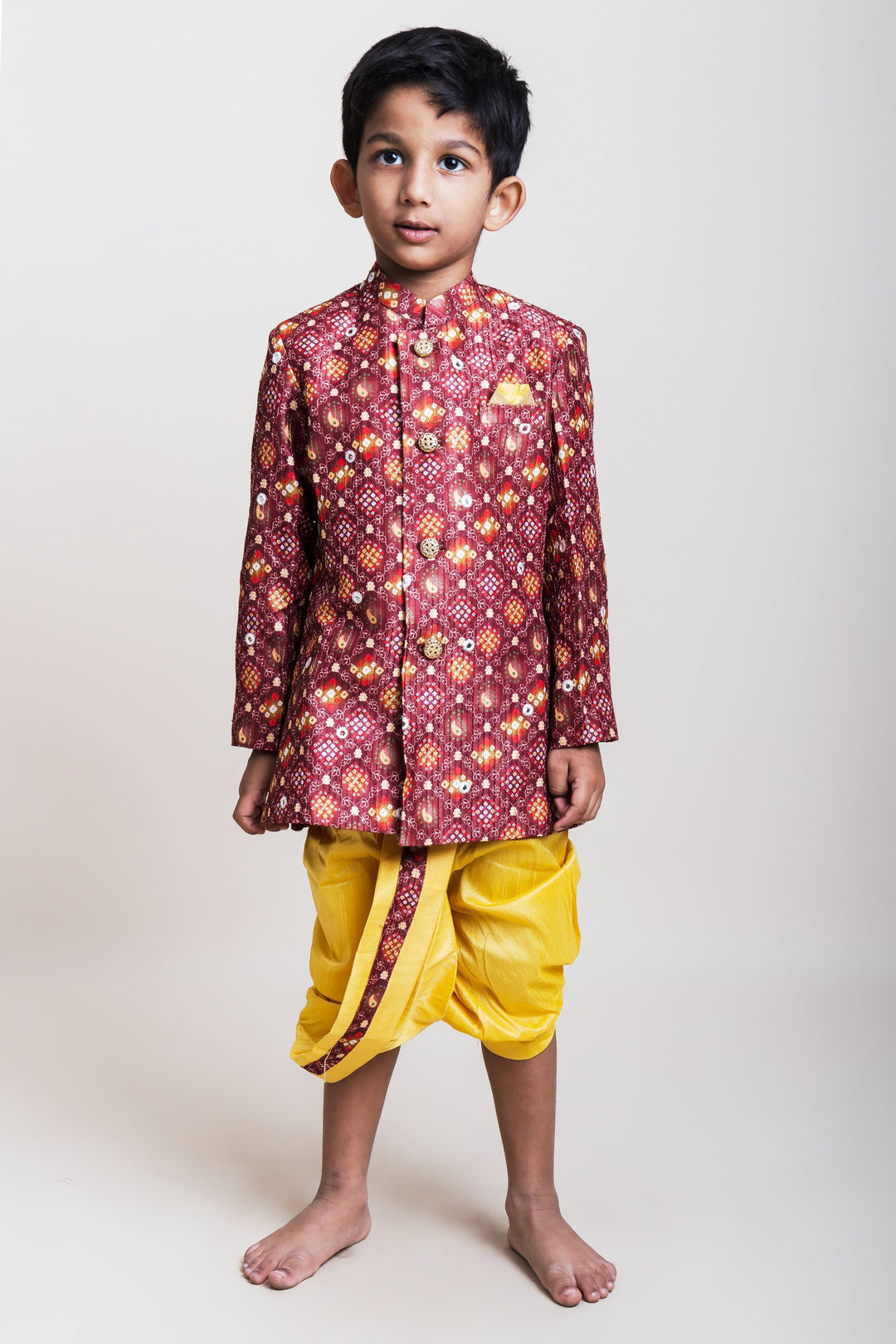 The Nesavu Boys Dothi Set Bustling Brown Printed Cotton Kurta With Golden Dhoti For Little Boys Nesavu 14 (6M) / Brown / Silk Blend BES260-14 Gold Dhoti And Brown Kurta Wear| Traditional Collection| The Nesavu