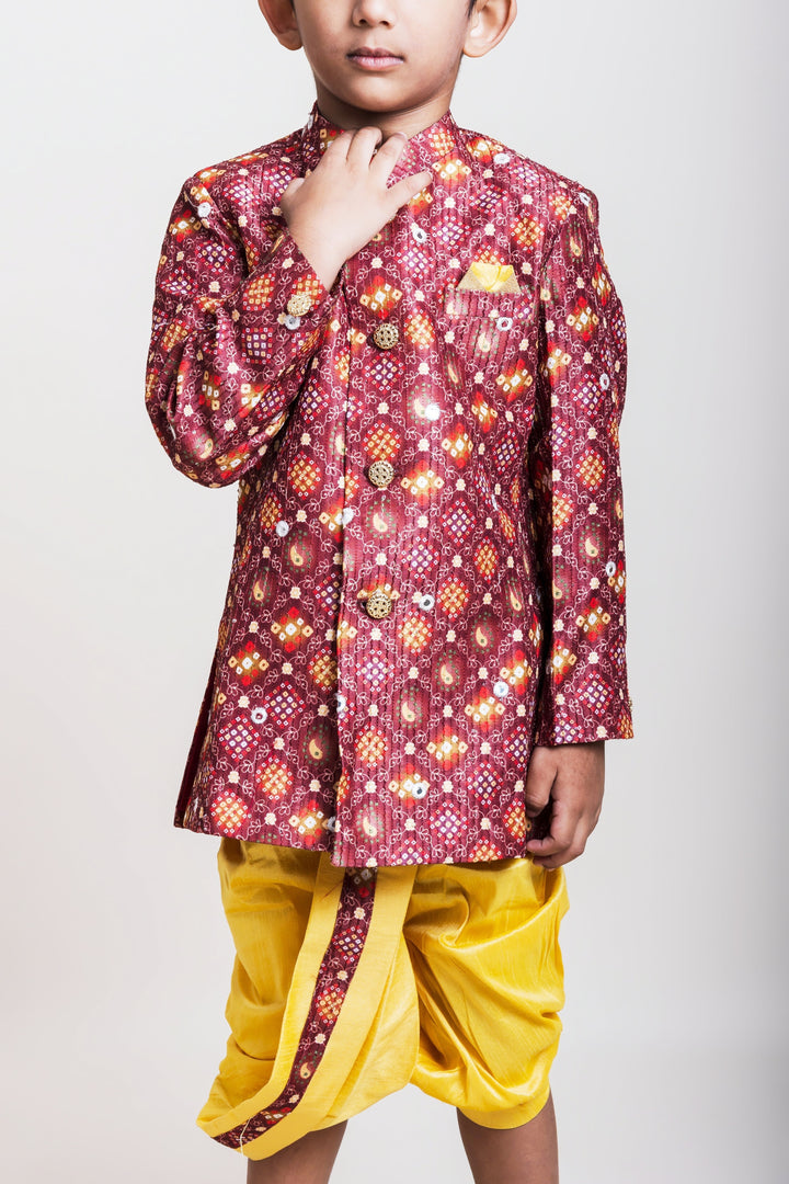 The Nesavu Boys Dothi Set Bustling Brown Printed Cotton Kurta With Golden Dhoti For Little Boys Nesavu Gold Dhoti And Brown Kurta Wear| Traditional Collection| The Nesavu