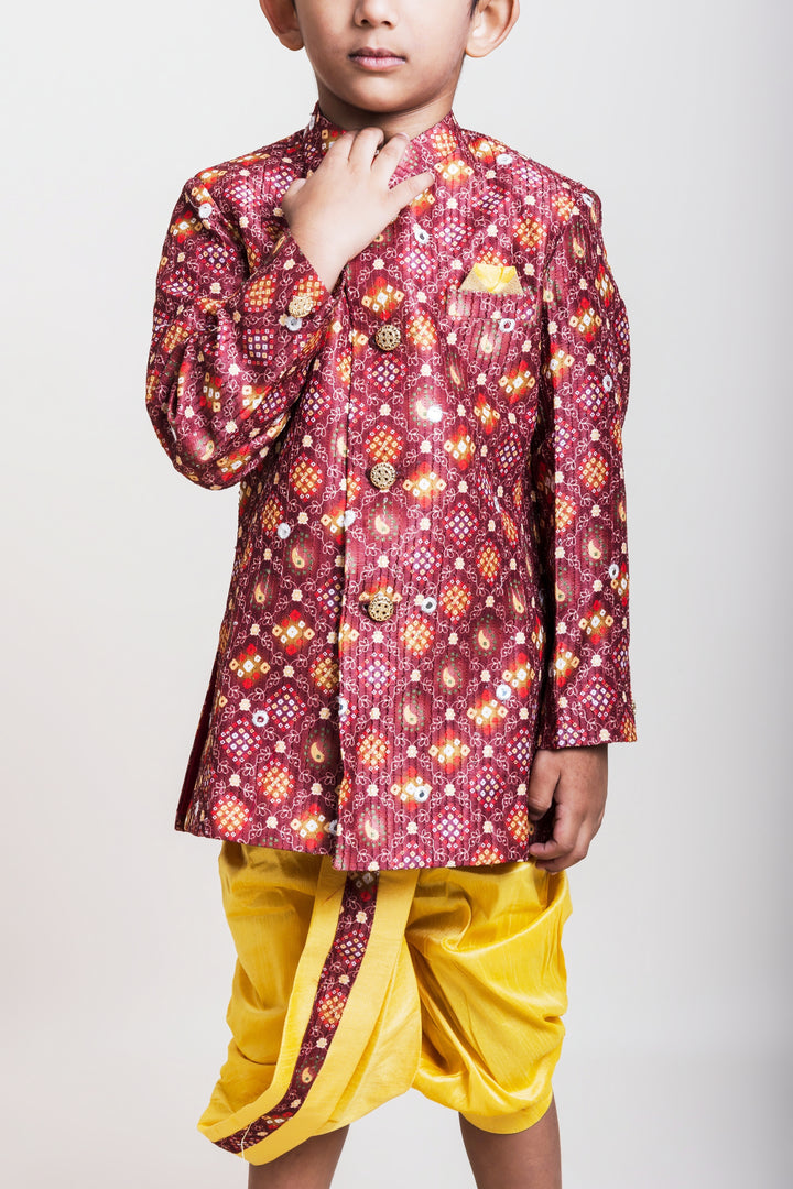 Bustling Brown Printed Cotton Kurta With Golden Dhoti For Little Boys