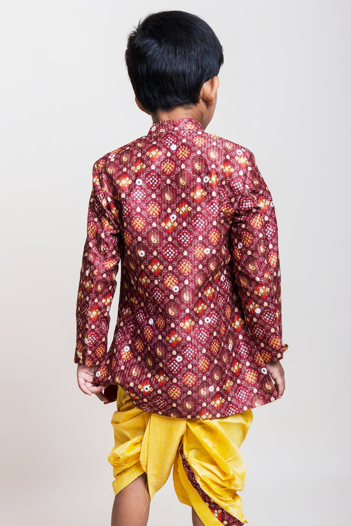 Bustling Brown Printed Cotton Kurta With Golden Dhoti For Little Boys