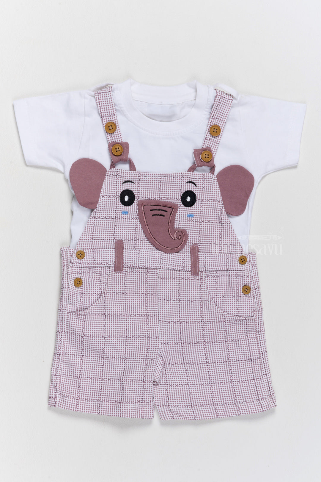 The Nesavu Baby Casual Sets Casual Babydoll Dress Pink Checked Elephant Applique Cotton Dungaree Set Nesavu 14 (6M) / Pink BCS180A-14 Nesavu Casual Babydoll Dress Pink Checked Dungaree Set Elephant Applique