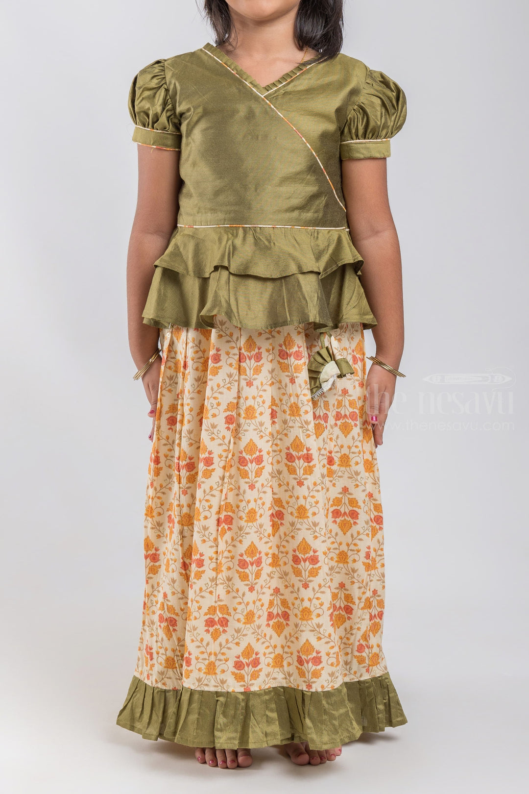 The Nesavu Pattu Pavadai Casual Festive Pattu Pavadai Chattai: South Indian Tradition at Its Best Nesavu Green Floral Printed Pattu Pavadai | Premium Silk Collection | The Nesavu