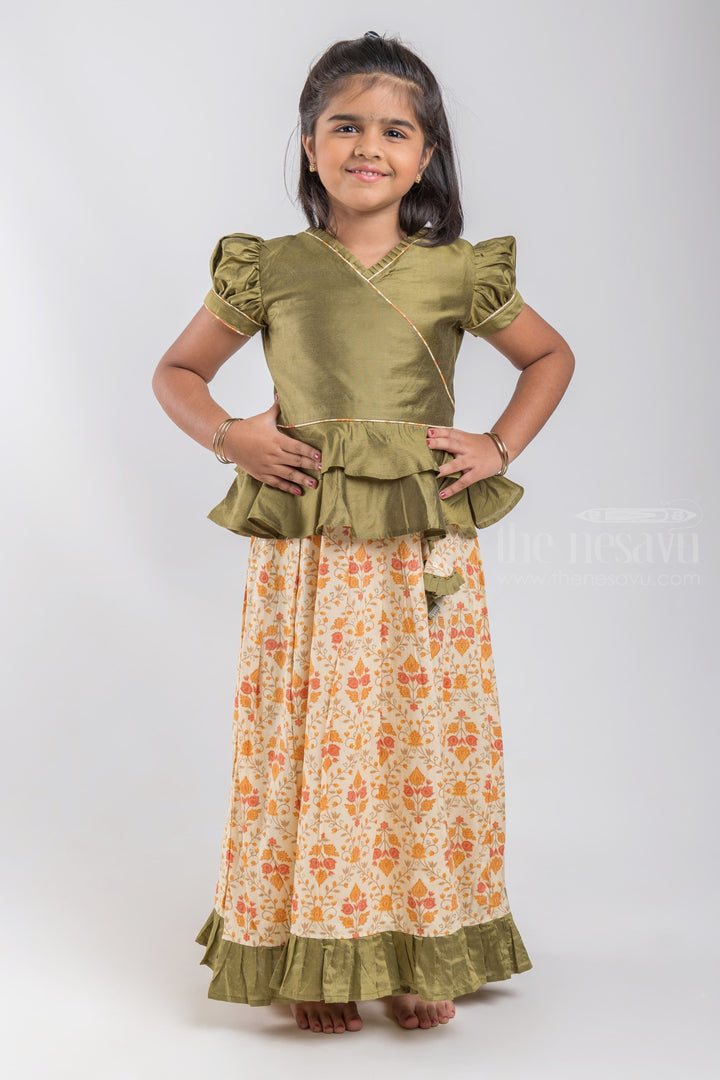 The Nesavu Pattu Pavadai Casual Festive Pattu Pavadai Chattai: South Indian Tradition at Its Best Nesavu Green Floral Printed Pattu Pavadai | Premium Silk Collection | The Nesavu