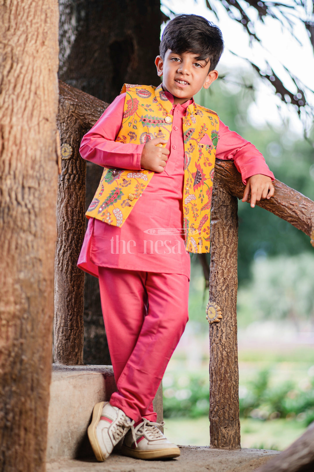 The Nesavu Boys Jacket Sets Ceremonial Marigold Majesty: Boys Festive Kurta & Pant Set Nesavu 14 (6M) / Pink / Blend Silk BES511A-14 Shop Boys Pink Kurta Pant Jacket Set for Ugadi, Tamil New Year | The Nesavu