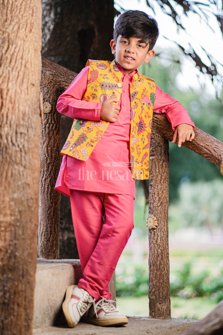 The Nesavu Boys Jacket Sets Ceremonial Marigold Majesty: Boys Festive Kurta & Pant Set Nesavu 14 (6M) / Pink / Blend Silk BES511A-14 Shop Boys Pink Kurta Pant Jacket Set for Ugadi, Tamil New Year | The Nesavu