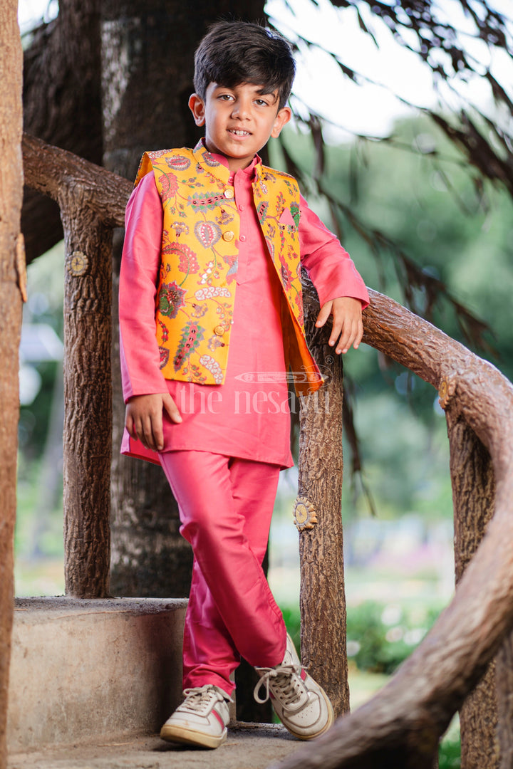 The Nesavu Boys Jacket Sets Ceremonial Marigold Majesty: Boys Festive Kurta & Pant Set Nesavu Shop Boys Pink Kurta Pant Jacket Set for Ugadi, Tamil New Year | The Nesavu