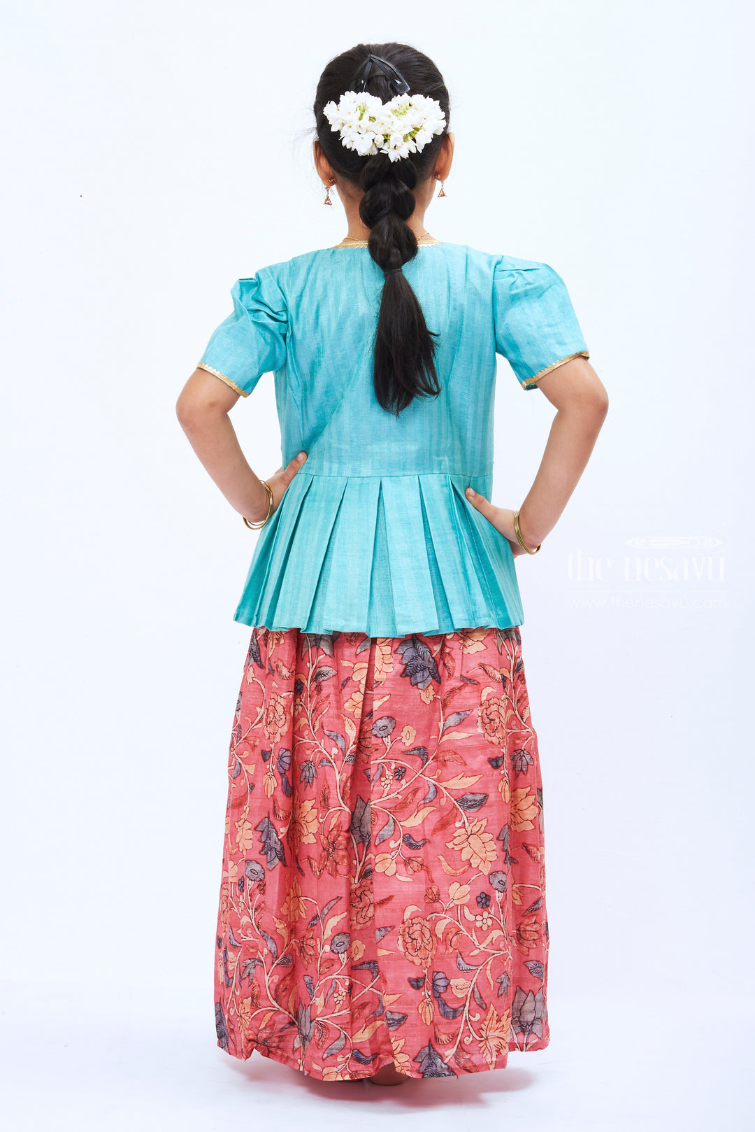 The Nesavu Girls Silk Gown Cerulean Dreams: Girls Blend Silk Full-Length Kalamkari Printed Anarkali Gown with Overcoat Nesavu Traditional Elegance | Festive Wear Collections for Girls | The Nesavu