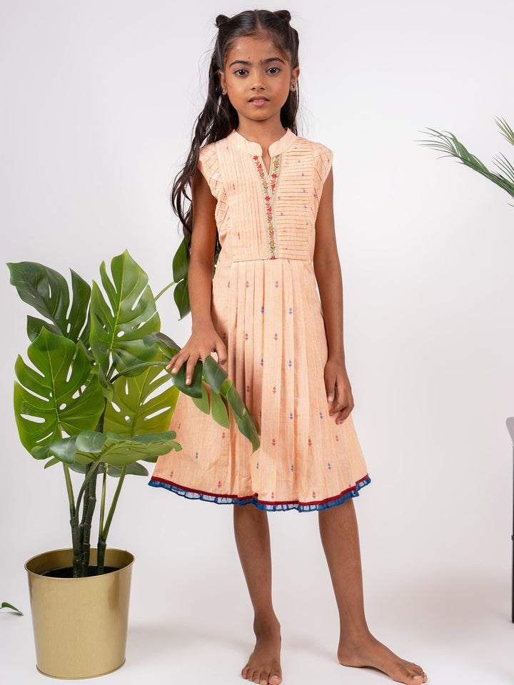 The Nesavu Girls Cotton Frock Chanderi Cotton Dobby with Embroidered Yoke Frock Nesavu Chanderi Cotton Dobby with Embroidered Yoke Frock