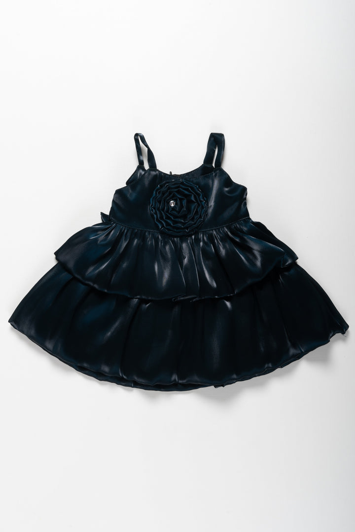 The Nesavu Girls Fancy Party Frock Charcoal Grey Organza Party Dress with Rosette Detail for Girls Nesavu 12 (3M) / Gray / Organza PF171B-12 Girls Grey Organza Ruffle Dress | Rosette Party Dress for Children | The Nesavu