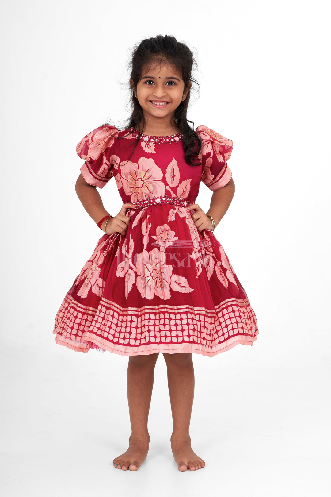 The Nesavu Silk Embroidered Frock Charming Bacchon Ke Frock in Brazo Fabric with Floral Embroidery and Flared Skirt Nesavu 16 (1Y) / Maroon SF939A-16 Nesavu Bacchon Ke Frock Brazo Fabric Floral Embroidery Flared Skirt Birthdays