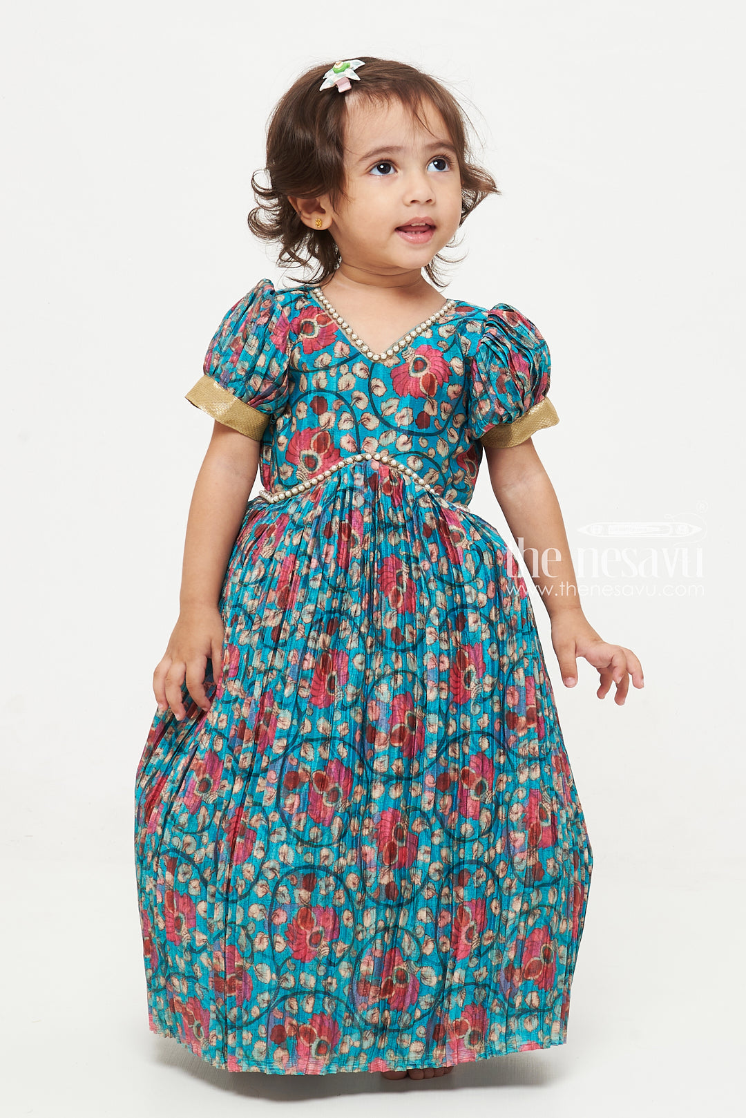 The Nesavu Girls Silk Gown Charming Blue Floral Anarkali Frock for Girls Nesavu Charming Blue Floral Anarkali Frock for Girls with Puffed Sleeves