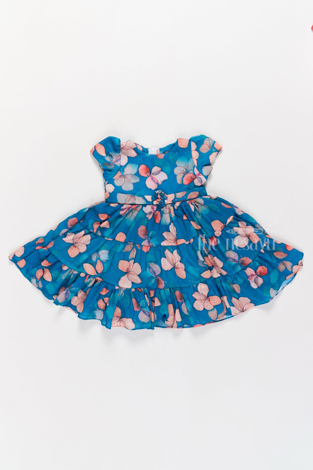 The Nesavu Girls Fancy Frock Charming Blue Princess Dress for Girls with Butterfly Floral Print Nesavu 18 (2Y) / Blue GFC1506A-18 Blue Princess Dress Girls Nesavu Butterfly Floral Print