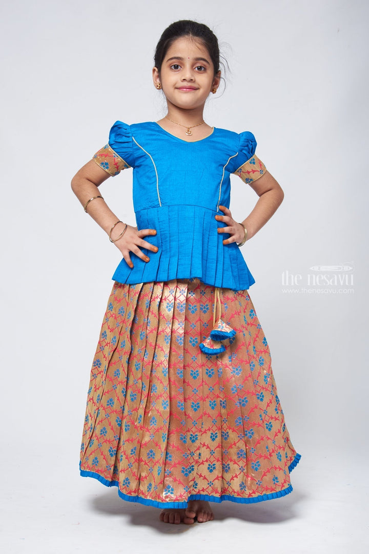 The Nesavu Pattu Pavadai Charming Blue Silk Peplum Blouse with Zari Floral Pattu Pavadai: Perfect Celebration Wear for Girls Nesavu 14 (6M) / Blue GPP293A-14 Silk Blouse with Zari Floral Pattu Pavadai | Traditional Pattu Pavadai | The Nesavu