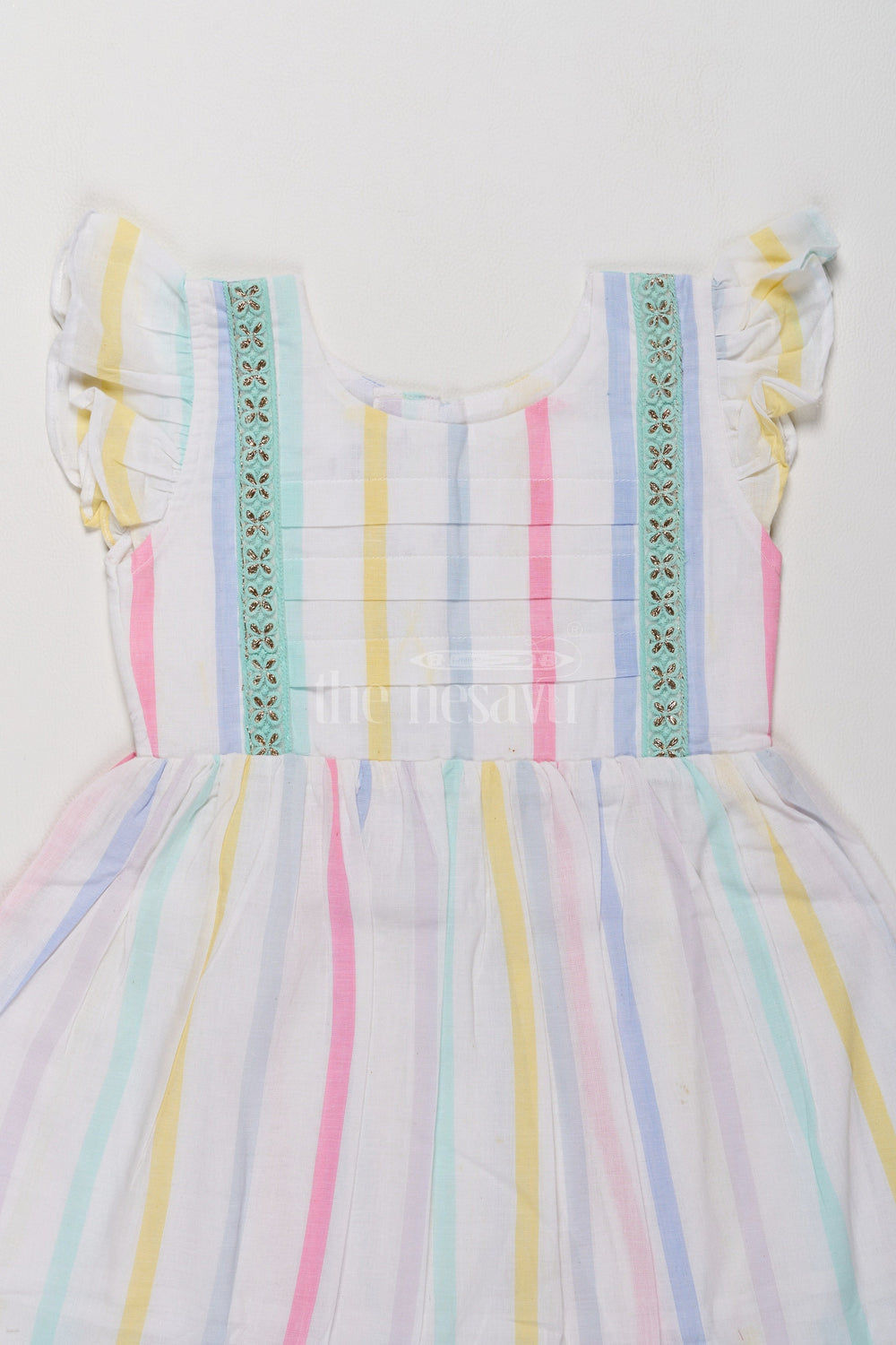 The Nesavu Girls Cotton Frock Charming Girls Short Party Frock in Pastel Stripes with Ruffled Sleeves Nesavu Pastel Striped Girls Short Party Frock Ruffles  Comfortable Cotton Dress Nesavu