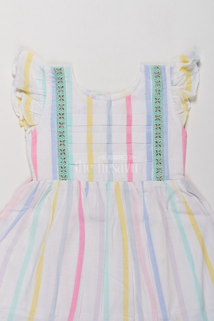 The Nesavu Girls Cotton Frock Charming Girls Short Party Frock in Pastel Stripes with Ruffled Sleeves Nesavu Pastel Striped Girls Short Party Frock Ruffles  Comfortable Cotton Dress Nesavu