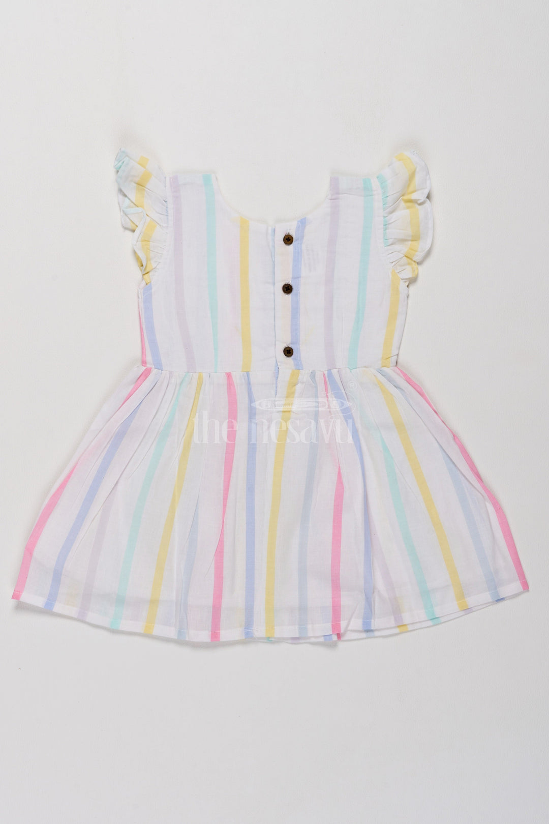 The Nesavu Girls Cotton Frock Charming Girls Short Party Frock in Pastel Stripes with Ruffled Sleeves Nesavu Pastel Striped Girls Short Party Frock Ruffles  Comfortable Cotton Dress Nesavu