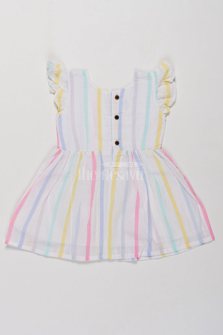 The Nesavu Girls Cotton Frock Charming Girls Short Party Frock in Pastel Stripes with Ruffled Sleeves Nesavu Pastel Striped Girls Short Party Frock Ruffles  Comfortable Cotton Dress Nesavu