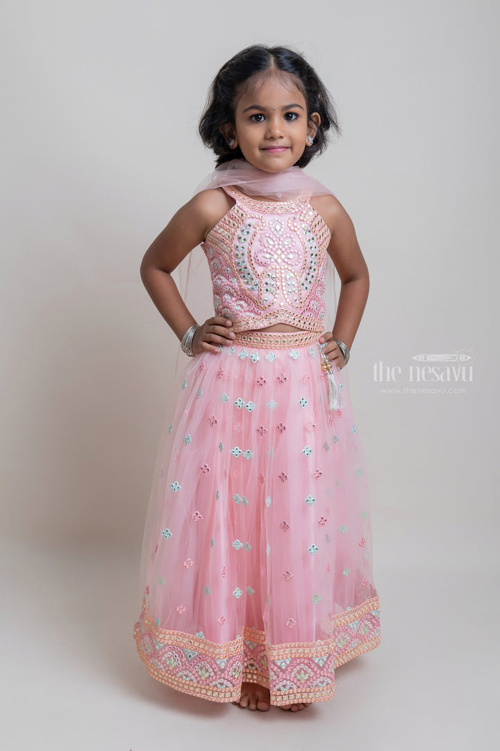 The Nesavu Girls Lehenga Choli Charming Lite Pink Mirror Embroidery Choli With Gorgeous Lehenga For Girls Nesavu 12 (3M) / Pink / Net GL328-12 Festive Wear For Girls | Latest Lehanga Collection | The Nesavu