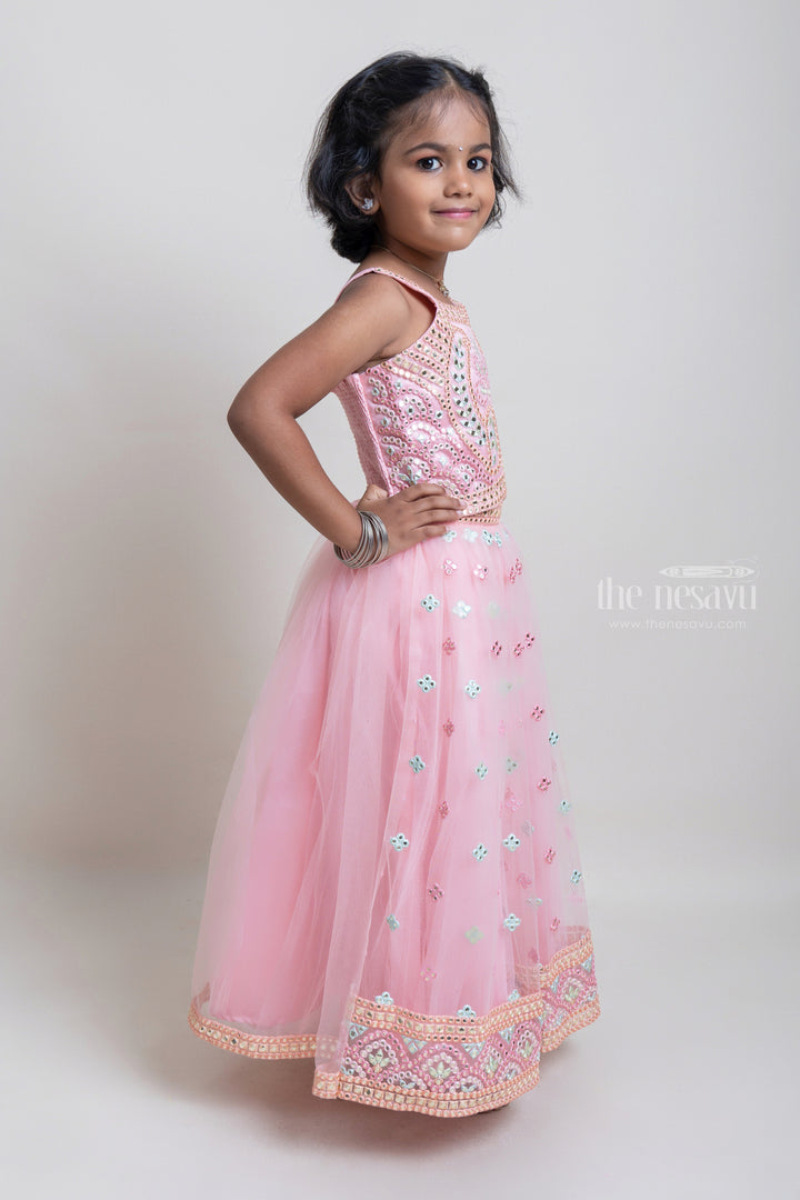 The Nesavu Girls Lehenga Choli Charming Lite Pink Mirror Embroidery Choli With Gorgeous Lehenga For Girls Nesavu Festive Wear For Girls | Latest Lehanga Collection | The Nesavu