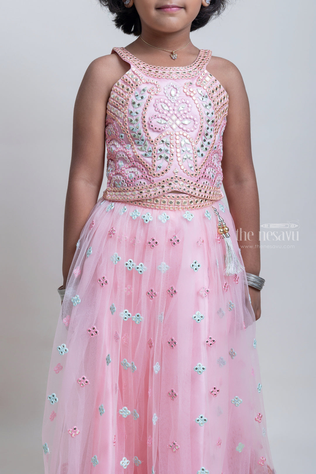 Charming Lite Pink Mirror Embroidery Choli With Gorgeous Lehenga For Girls