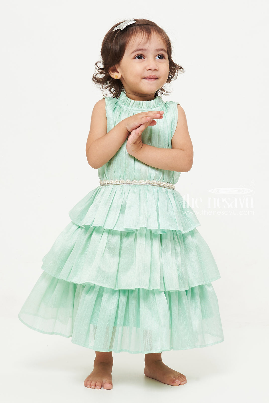 The Nesavu Girls Fancy Frock Charming Mint Green Tiered Baby Dress Nesavu Mint Green Tiered Baby Dress | Cute Baby Apparel