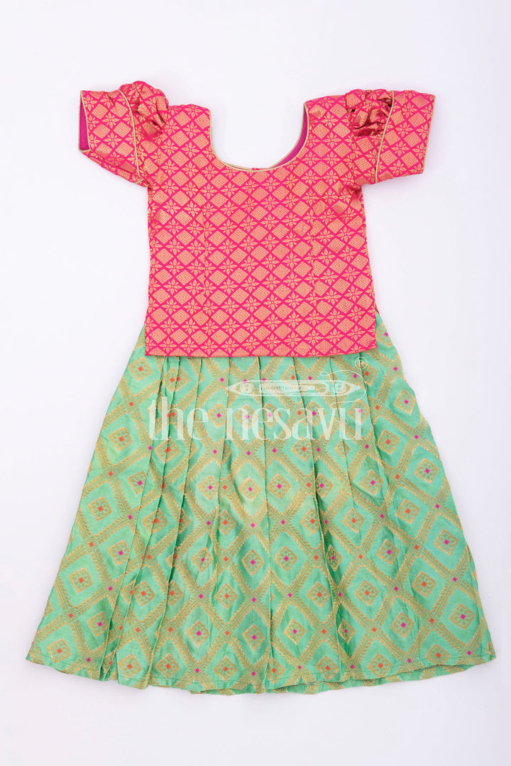 The Nesavu Pattu Pavadai Charming Pink and Mint Green Silk Pattu Pavadai for Kids Nesavu 14 (6M) / Green GPP312B-14 Pink and Mint Green Silk Pattu Pavadai for Kids - Festive Traditional Wear