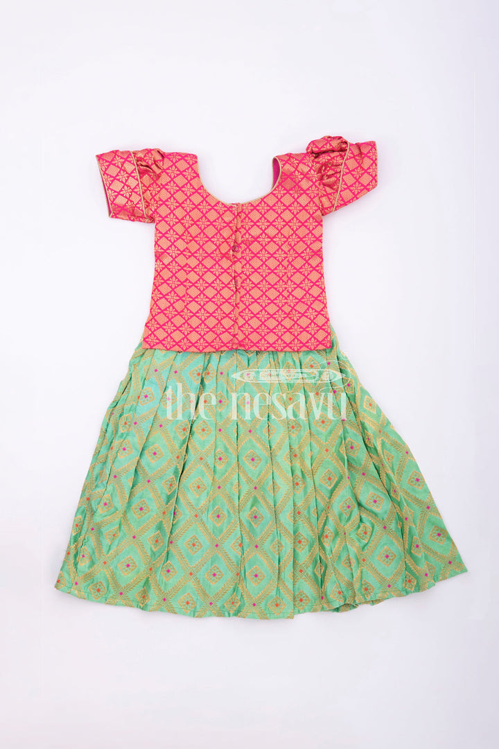 The Nesavu Pattu Pavadai Charming Pink and Mint Green Silk Pattu Pavadai for Kids Nesavu Pink and Mint Green Silk Pattu Pavadai for Kids - Festive Traditional Wear