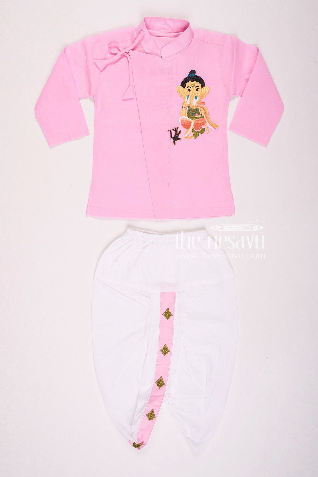 The Nesavu Boys Dothi Set Charming Pink Ganesh Utsav Baby Kurtha with Dothi Pant Set Nesavu 12 (3M) / Pink BES555D-12 Charming Pink Ganesh Utsav Baby Kurtha with Dothi Pant Set - Vinayakar Chaturthi