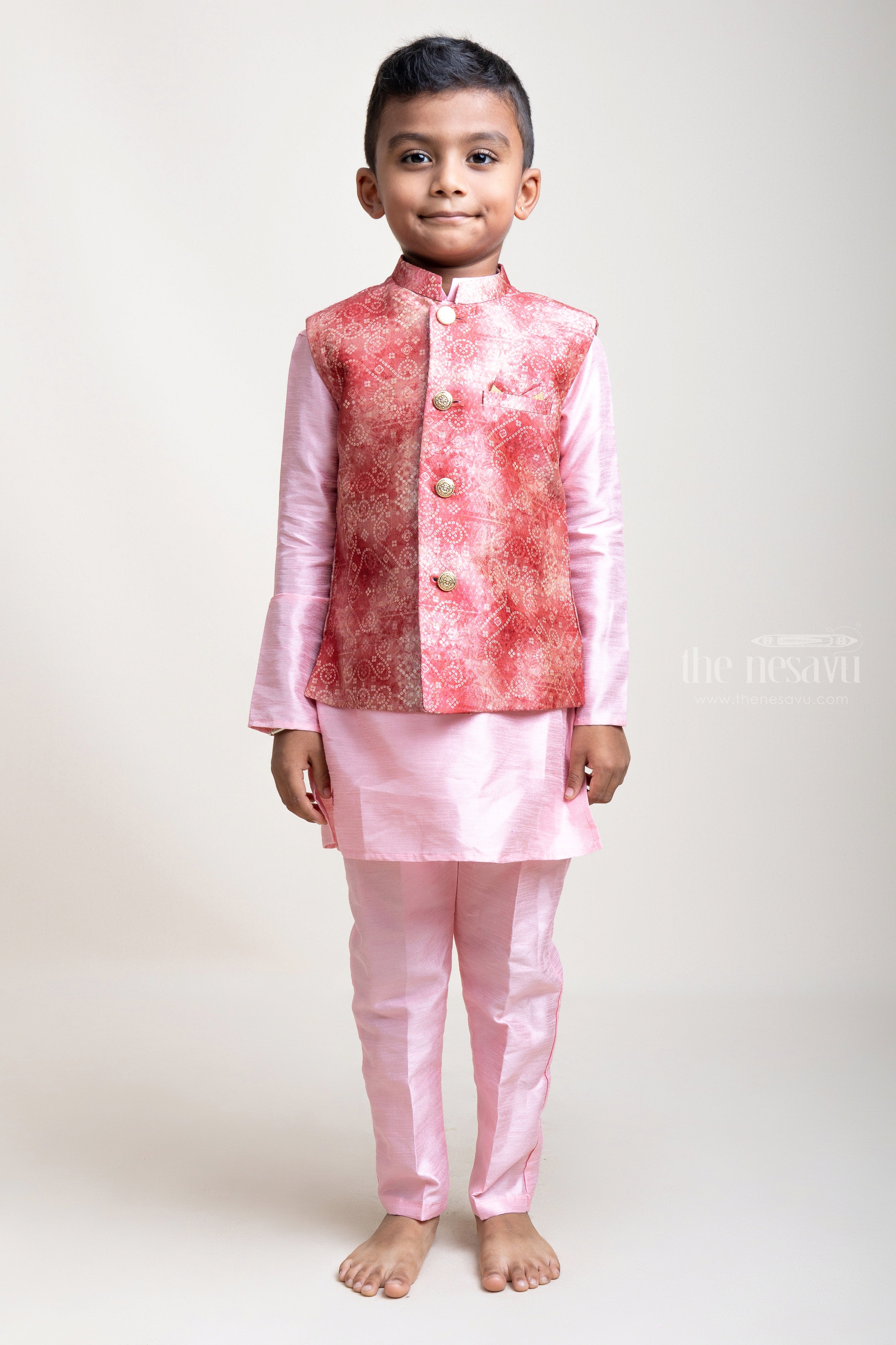 KRAFT INDIA Men Pink Mirror Work Silk Kurta Jacket Set