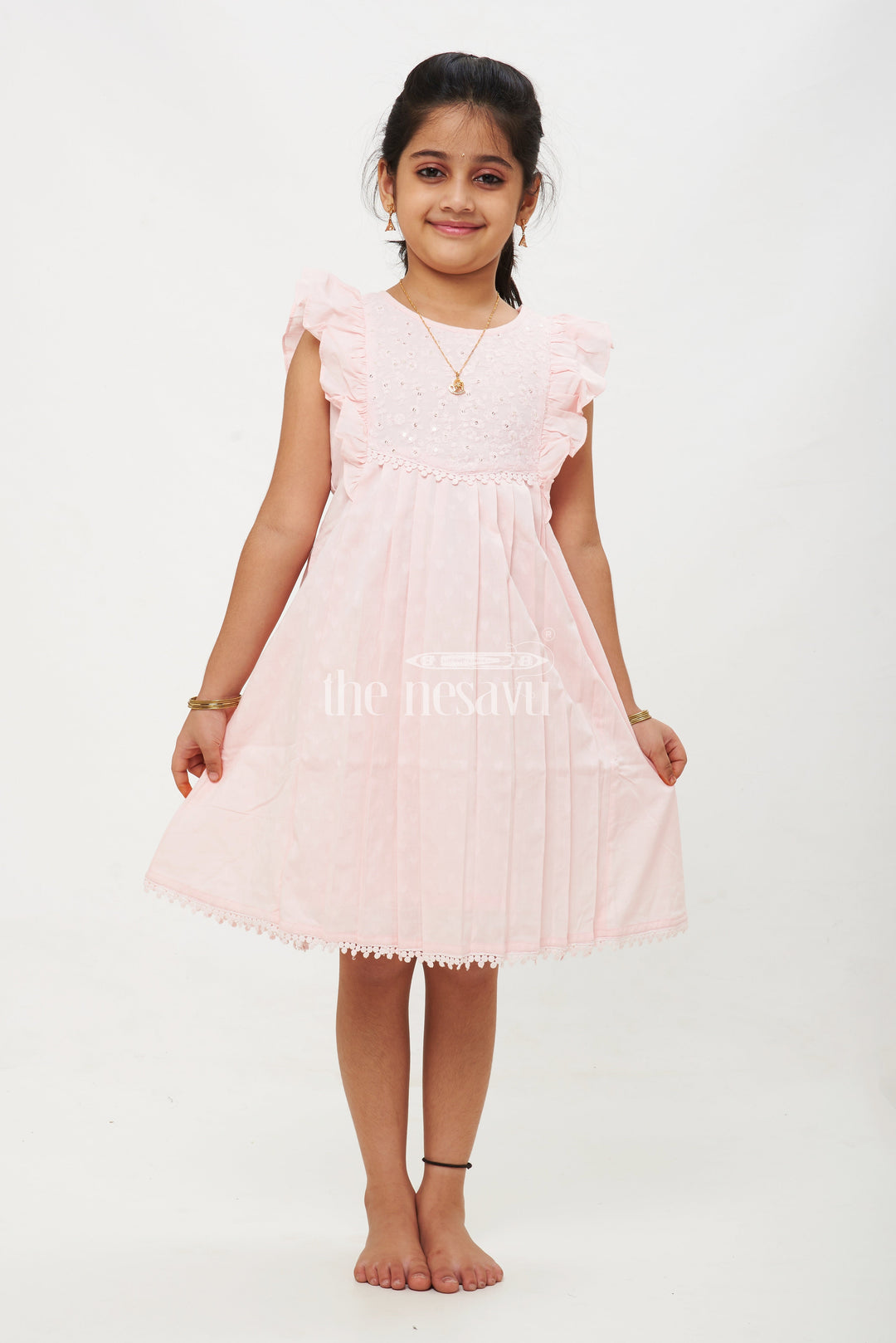 The Nesavu Girls Cotton Frock Charming Pure Cotton Midi Dress - Flutter Sleeve A-Line Frock with Embroidery Nesavu 22 (4Y) / Pink GFC1351A-22 Charming Pure Cotton Midi Dress - Nesavu | Flutter Sleeve A-Line Frock with Embroidery