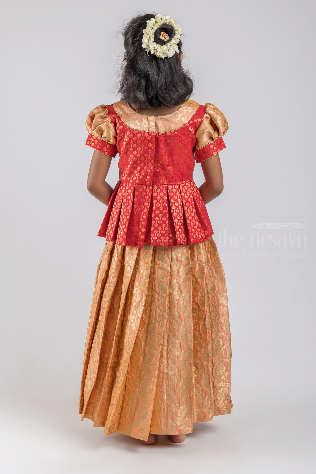 The Nesavu Pattu Pavadai Charming Red Floral Designer Pleated Skirt And Beige Pleated Pattu Pavadai For Girls psr silks Nesavu