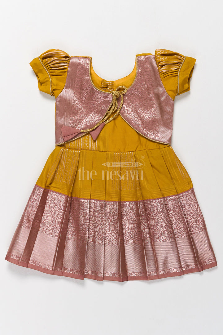 The Nesavu Girls Kanchi Silk Frock Charming Yellow and Brown Girls Kanchi Silk Frock with Traditional Brocade for Pongal Nesavu 16 (1Y) / Yellow / Style 2 SF814AB-16 Yellow Brown Girls Kanchi Silk Frock Pongal Celebrations Nesavu