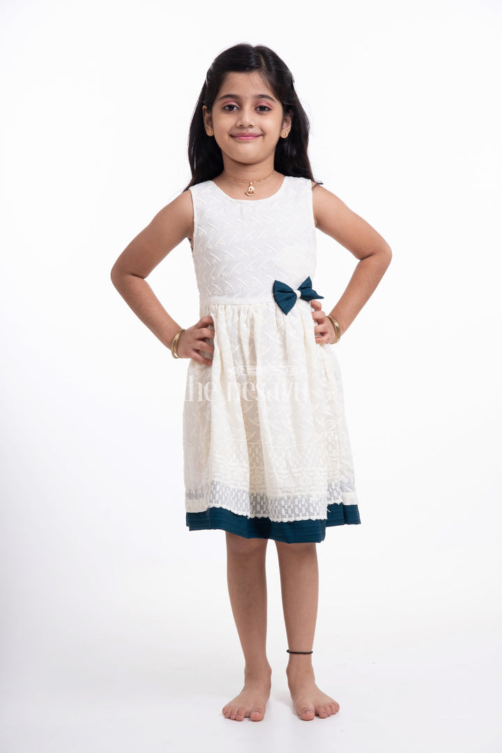 The Nesavu Girls Casual Gown Chic Cotton Dress - Sleeveless Chikankari Baby Frock with Navy Bow Nesavu 18 (2Y) / Half white GFC1342B-18 Chic Cotton Dress - Nesavu | Chikankari Baby Frock with Navy Bow