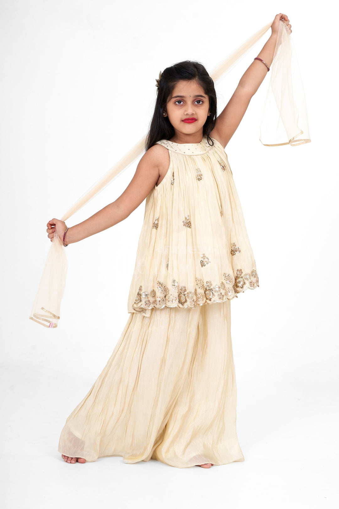 The Nesavu Girls Sharara / Plazo Set Chic Girls Sharara Plazo Gharara Set in Pure Muslin Silk with Sequin Embroidery Nesavu 16 (1Y) / Cream GPS475A-16 Nesavu Girls Sharara Plazo Gharara Set Muslin Silk Sequin Embroidery Festive Celebrations