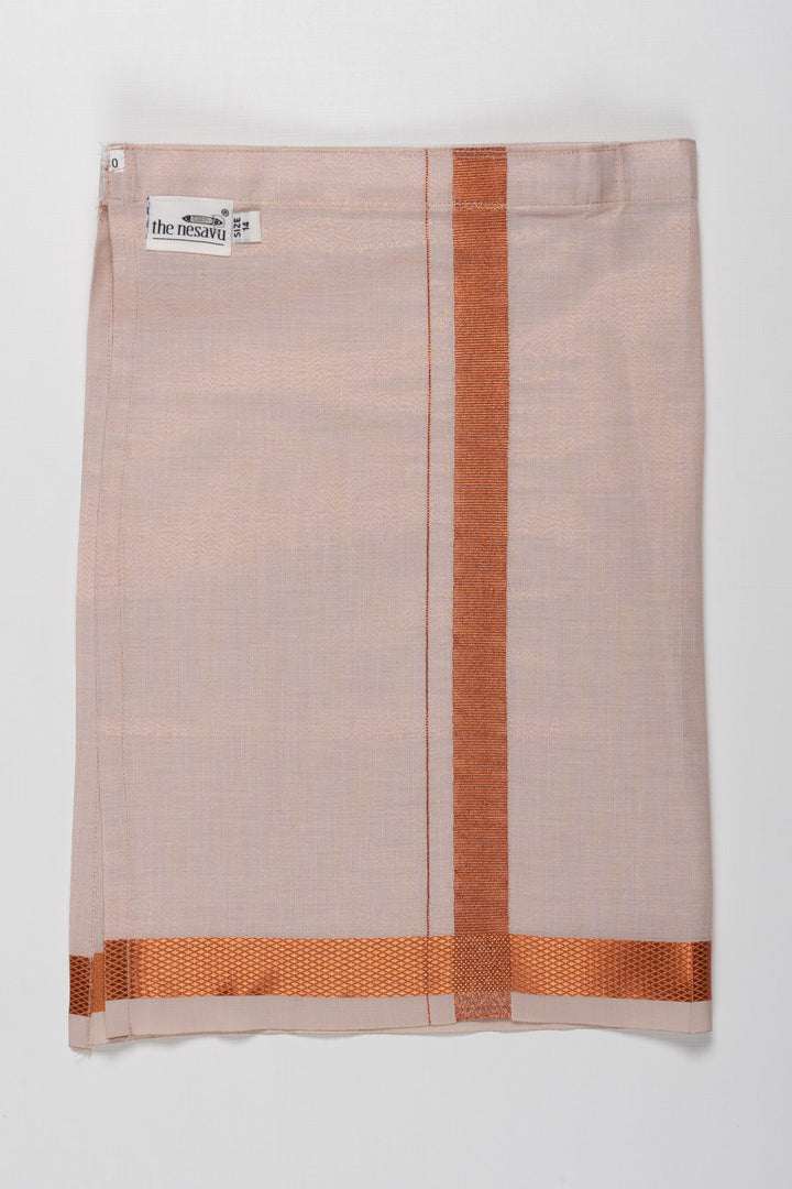 The Nesavu Boys Vesti Chic Natural Linen Boys Dhoti with Copper Striped Accents Nesavu 14 (6M) / Brown / Gold Tissue D010B-14 Elegant Linen Dhoti for Boys | Copper Accented Traditional Attire | The Nesavu