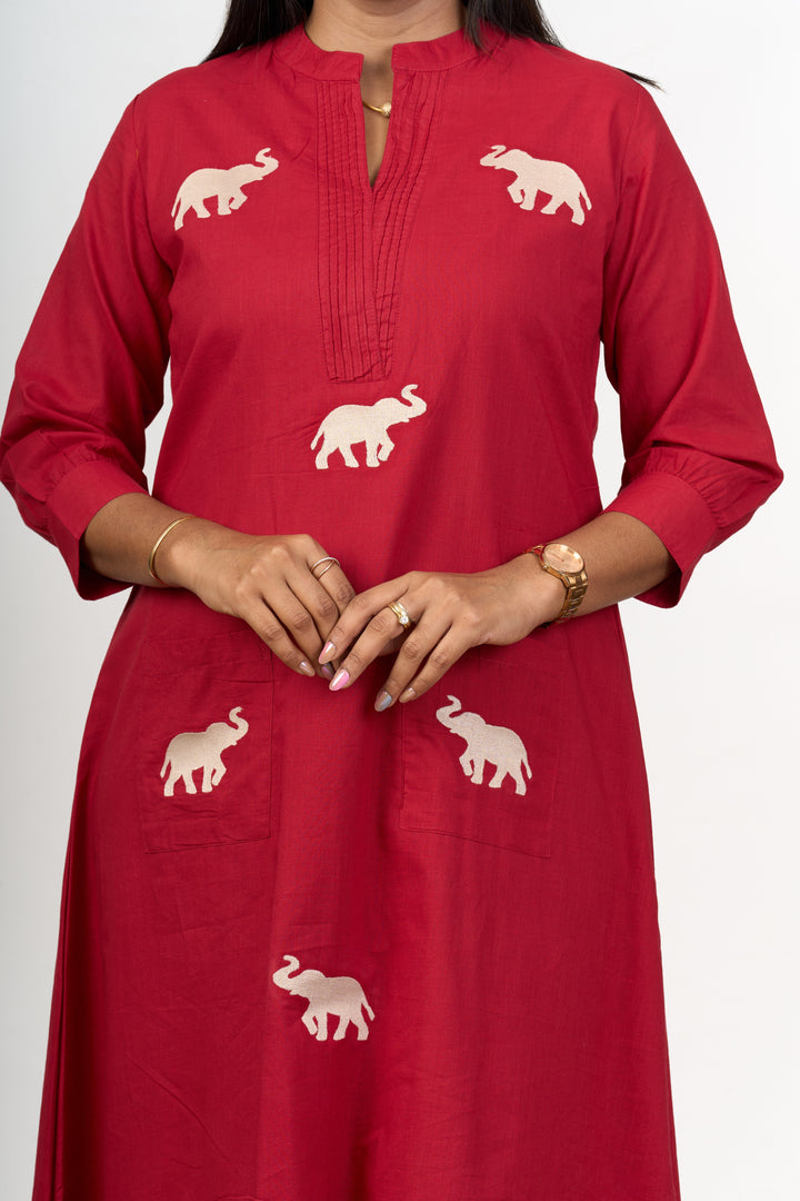 The Nesavu Womens Flared Kurthas Chic Womens Flared Kurta with Elephant Motif Embroidery in Red Cotton Fabric Nesavu Red Cotton Flared Kurta Women Elephant Motifs Nesavu