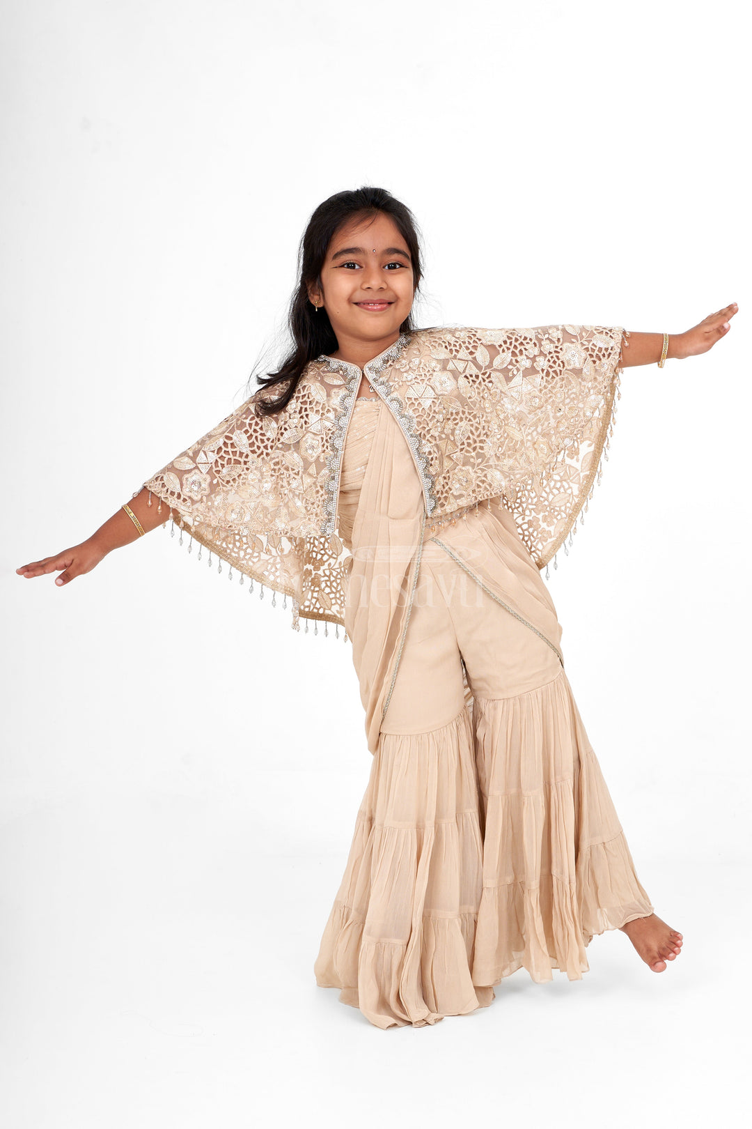 The Nesavu Girls Sharara / Plazo Set Christmas Party Womens Dresses with Sequin Embellishments and Georgette Layering Nesavu 24 (5Y) / Half white GPS489A-24 Nesavu Christmas Party Womens Dresses Georgette Sequin Embellishments