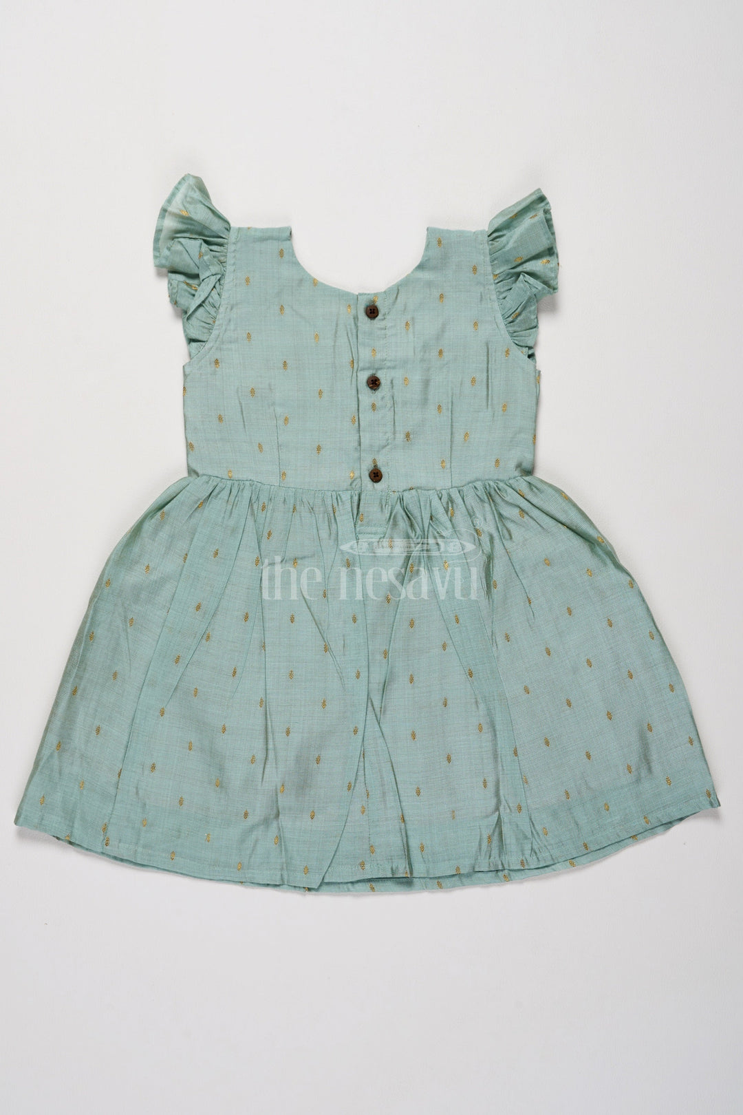 The Nesavu Girls Cotton Frock Classic Girls Cotton Dress in Mint Green with Ruffle Details Nesavu Elegant Mint Green Girls Cotton Dress Chanderi Lace Details  Nesavu