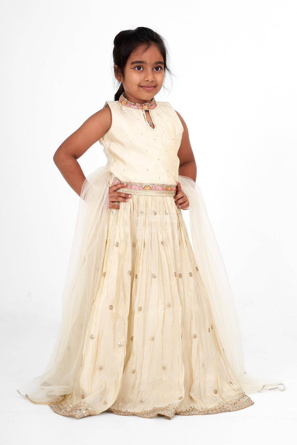 The Nesavu Girls Lehenga Choli Classic Girls White Lehenga Choli in Pure Tissue Viscose Silk with Embellished Neckline Nesavu Nesavu Girls White Lehenga Choli Pure Tissue Viscose Silk Embellished Details Family Gatherings