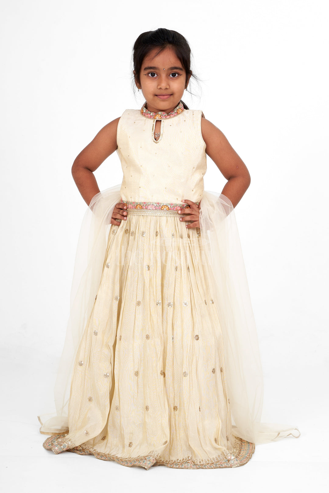 The Nesavu Girls Lehenga Choli Classic Girls White Lehenga Choli in Pure Tissue Viscose Silk with Embellished Neckline Nesavu Nesavu Girls White Lehenga Choli Pure Tissue Viscose Silk Embellished Details Family Gatherings