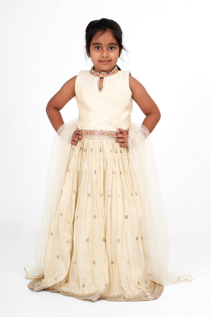 The Nesavu Girls Lehenga Choli Classic Girls White Lehenga Choli in Pure Tissue Viscose Silk with Embellished Neckline Nesavu Nesavu Girls White Lehenga Choli Pure Tissue Viscose Silk Embellished Details Family Gatherings