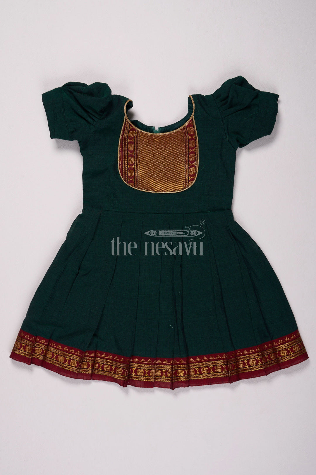 The Nesavu Silk Frock Classic Green and Gold Online Frock for Kids with Jacquard Silk and Puff Sleeves Nesavu 16 (1Y) / Green / Style 4 SF952D-16 Nesavus Green Gold Online Jacquard Silk Frock Kids Elegant Detailing