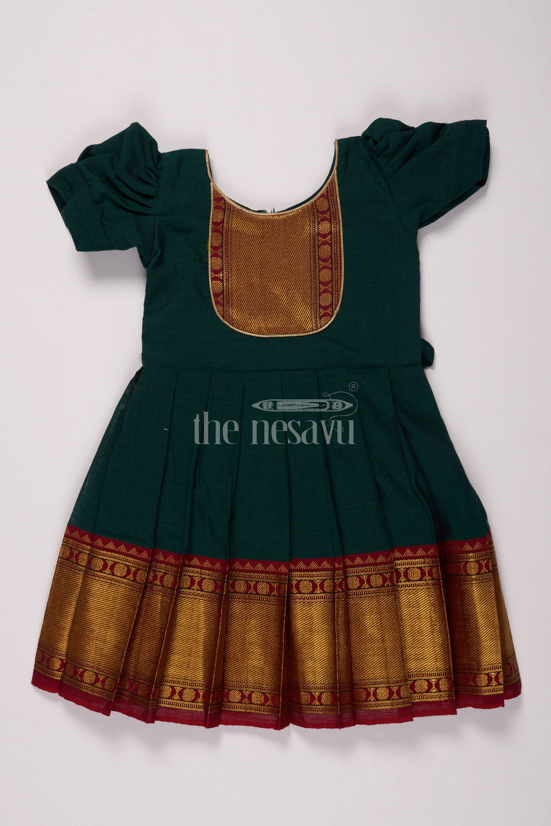 The Nesavu Silk Frock Classic Green and Gold Online Frock for Kids with Jacquard Silk and Puff Sleeves Nesavu 18 (2Y) / Green / Style 2 SF952B-18 Nesavus Green Gold Online Jacquard Silk Frock Kids Elegant Detailing