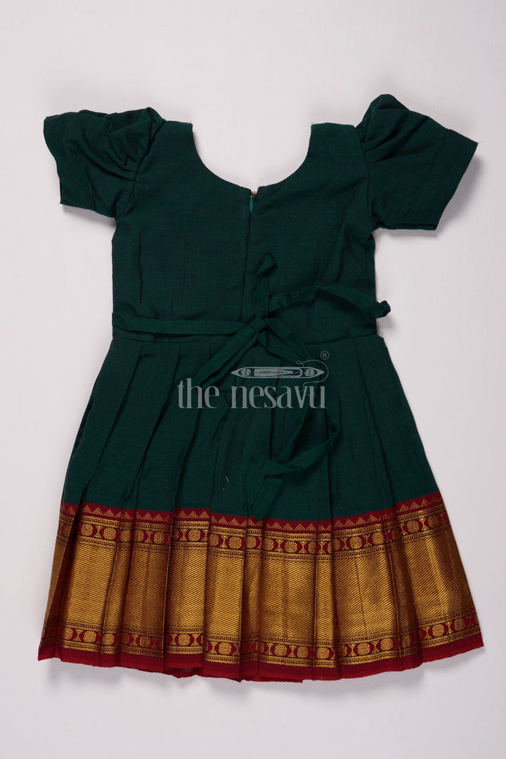 The Nesavu Silk Frock Classic Green and Gold Online Frock for Kids with Jacquard Silk and Puff Sleeves Nesavu Nesavus Green Gold Online Jacquard Silk Frock Kids Elegant Detailing