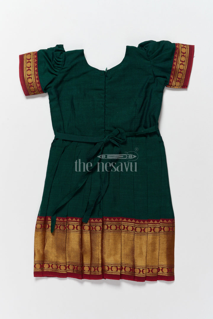 The Nesavu Silk Frock Classic Green and Gold Online Frock for Kids with Jacquard Silk and Puff Sleeves Nesavu Nesavus Green Gold Online Jacquard Silk Frock Kids Elegant Detailing