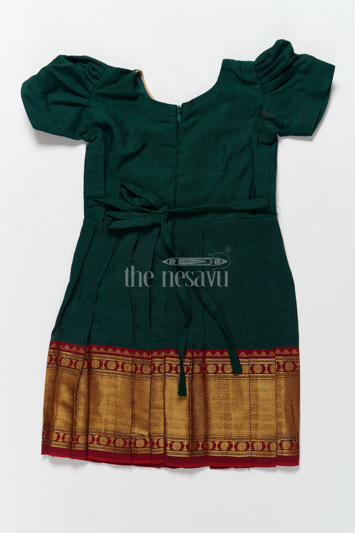 The Nesavu Silk Frock Classic Green and Gold Online Frock for Kids with Jacquard Silk and Puff Sleeves Nesavu Nesavus Green Gold Online Jacquard Silk Frock Kids Elegant Detailing