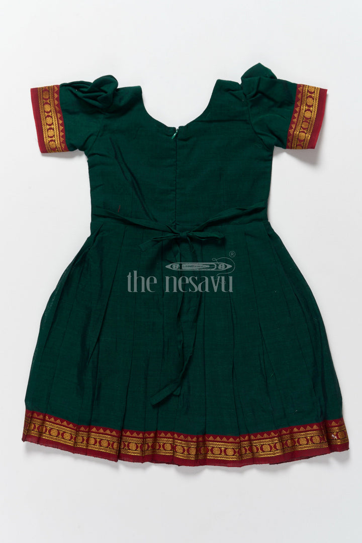 The Nesavu Silk Frock Classic Green and Gold Online Frock for Kids with Jacquard Silk and Puff Sleeves Nesavu Nesavus Green Gold Online Jacquard Silk Frock Kids Elegant Detailing