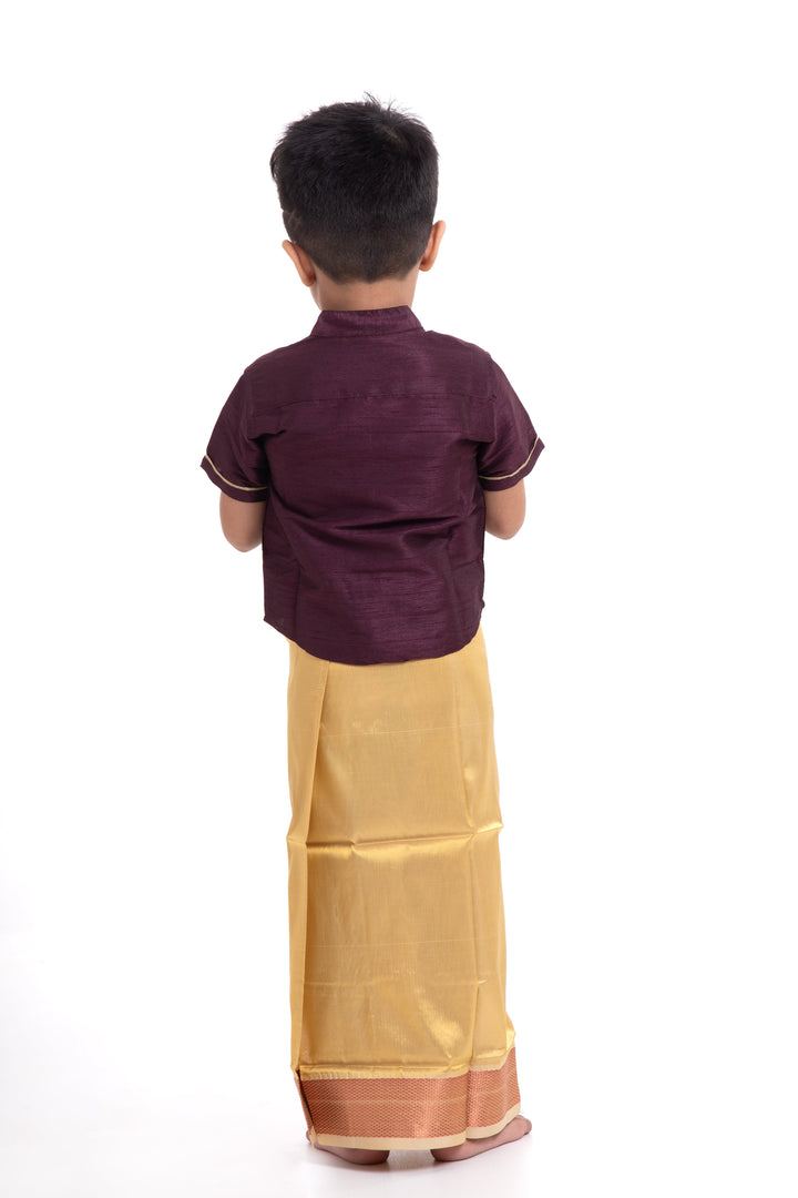 The Nesavu Boys Vesti Classic Greenish Gold Boys Dhoti with Rustic Maroon Trim Nesavu Elegant Boys Dhoti in Greenish Gold | Maroon Trimmed Traditional Attire | The Nesavu